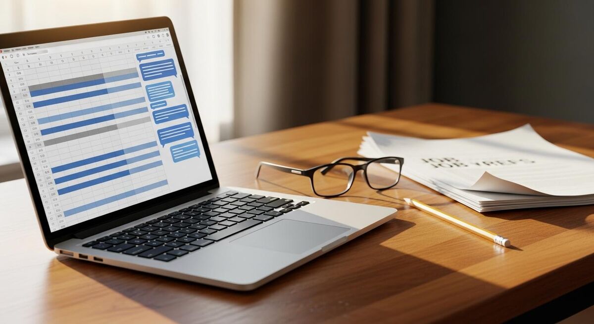 A laptop showing a spreadsheet of job records with a chat panel on the right side analysing the numbers