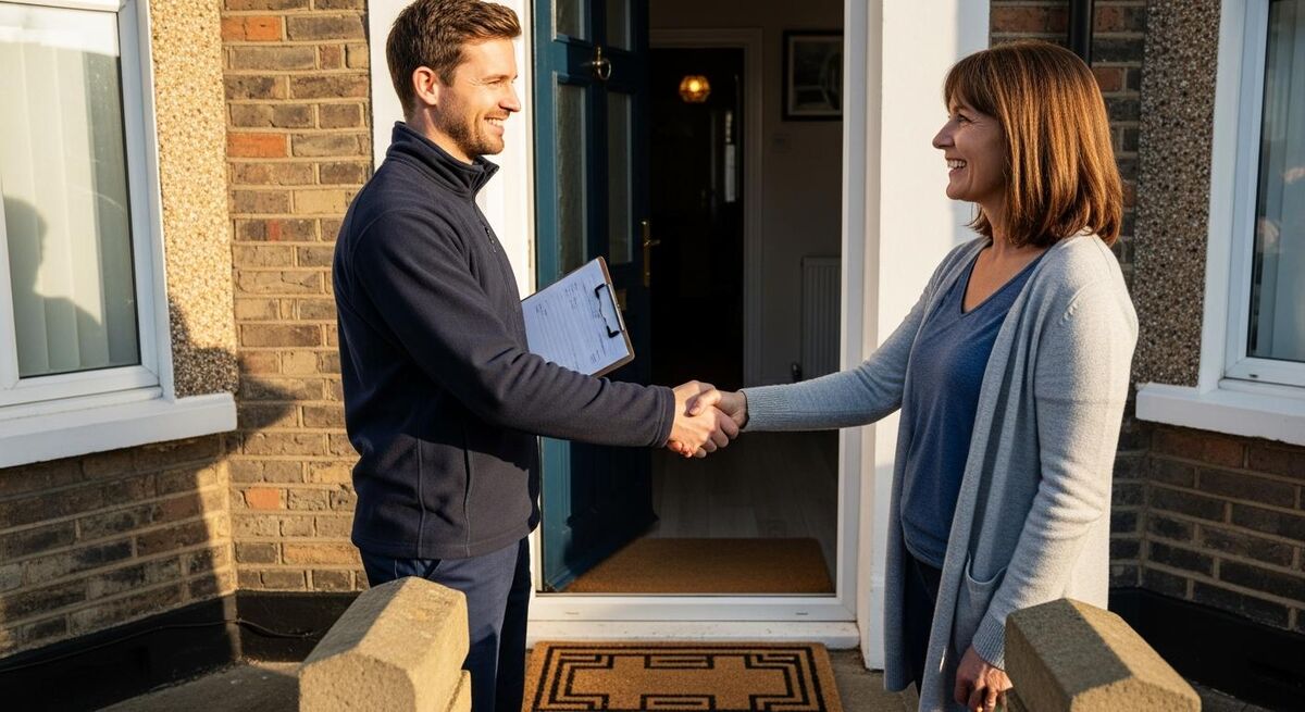 A tradesperson shaking hands with a homeowner on a front doorstep with a clipboard tucked under one arm