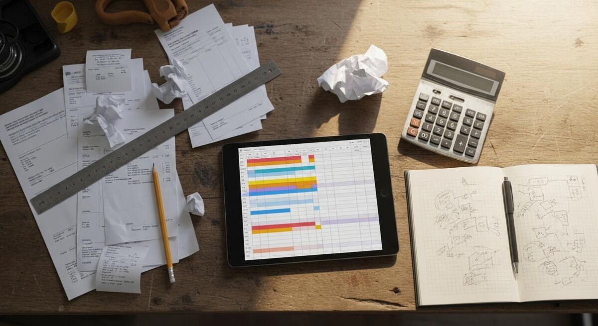 A workbench with paper invoices, a calculator and a tablet showing a spreadsheet of job costs
