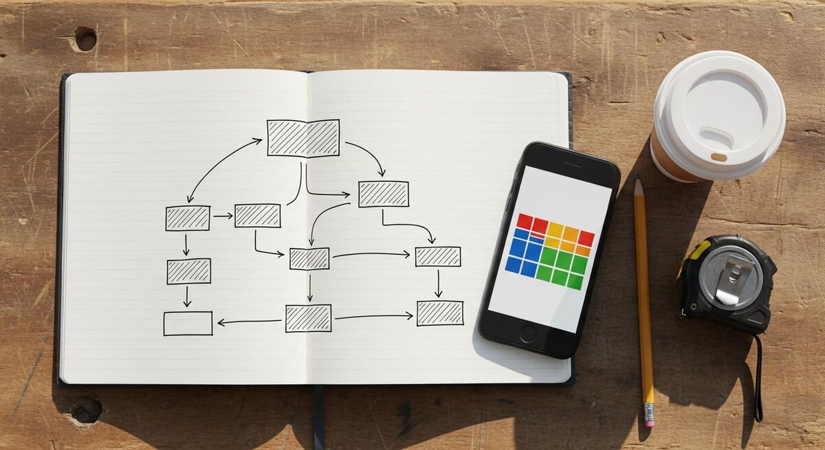An overhead view of a job site notebook, a phone showing a flowchart of pricing steps with abstract shapes, and a builders pencil