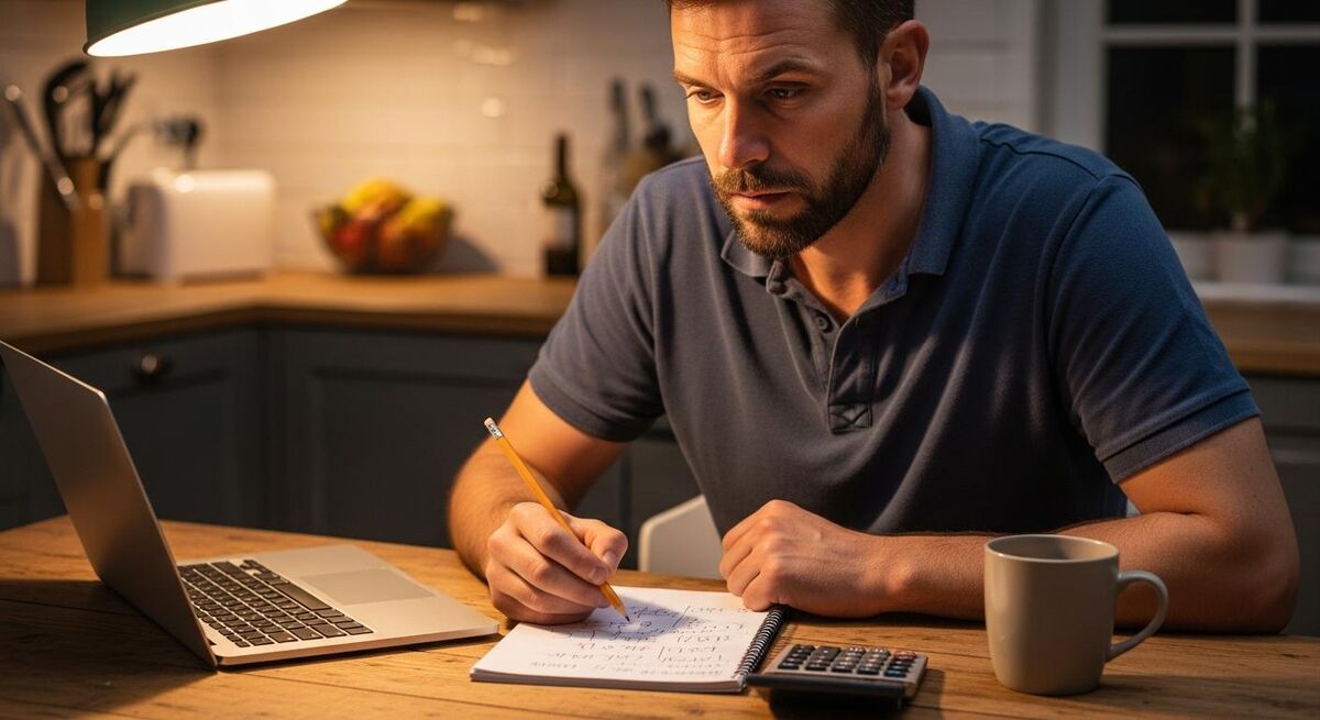 A sole-trader plumber sat at a kitchen table with a paper notepad and an open laptop, working out a job price by hand