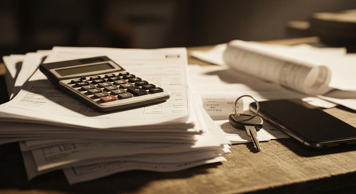Calculator on a workbench beside a stack of paper bills and receipts, representing overhead costs