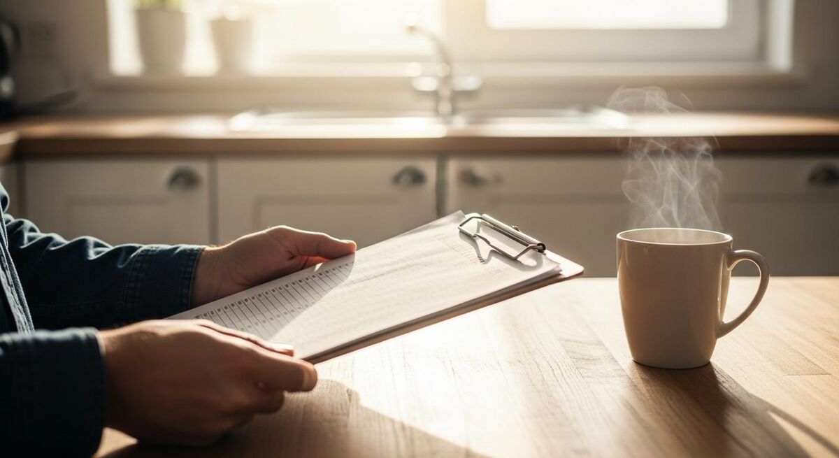Trades business owner reviewing a profit and loss report at a kitchen table in the evening