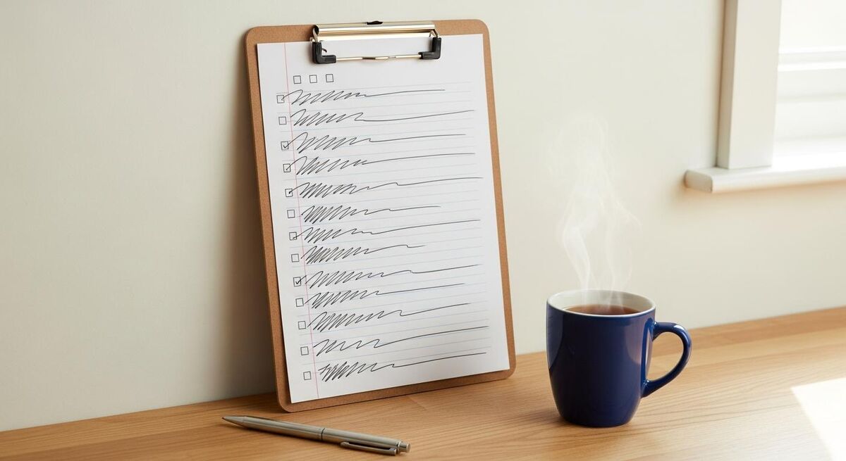 Simple monthly financial scorecard on a clipboard next to a mug of tea
