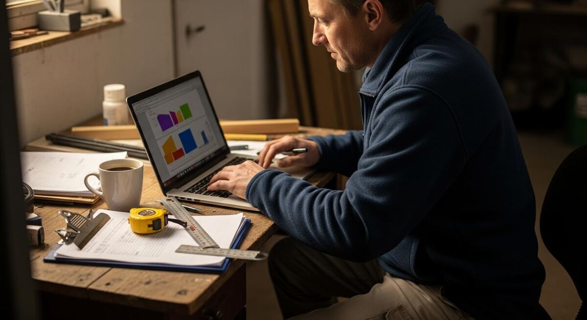 Trades business owner using AI chat tool to draft risk documents at a workshop desk