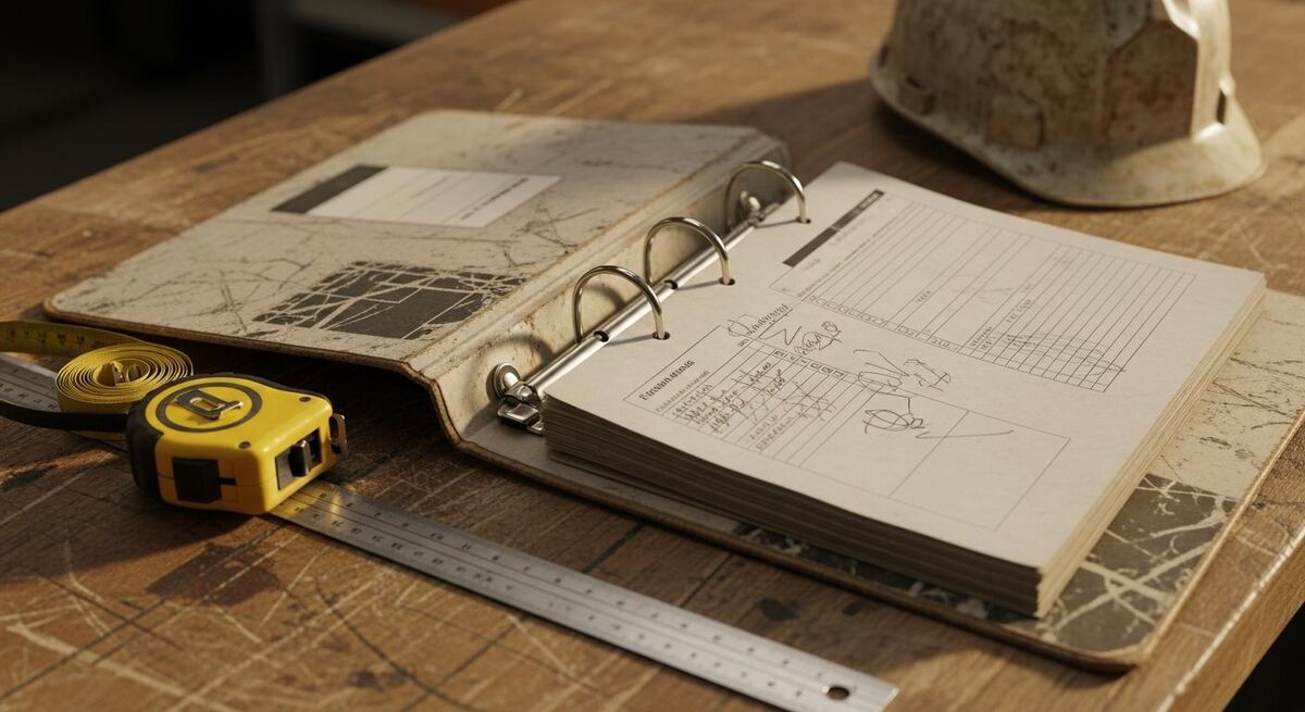 RAMS folder, risk assessment forms and method statements on a workshop bench