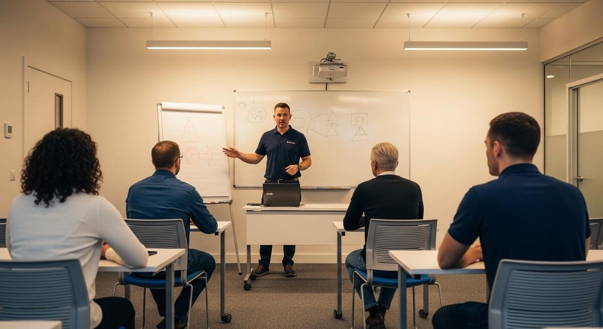Engineer attending a NICEIC training session in a UK trades classroom