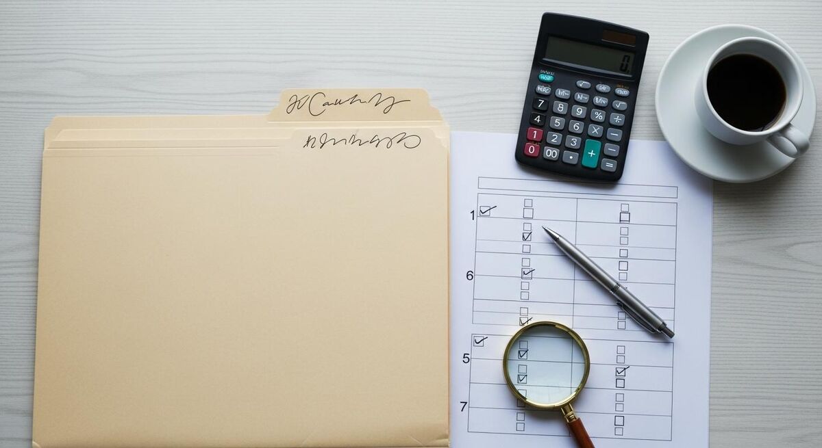 Insurance underwriter reviewing a contractor file with claims history and risk documents