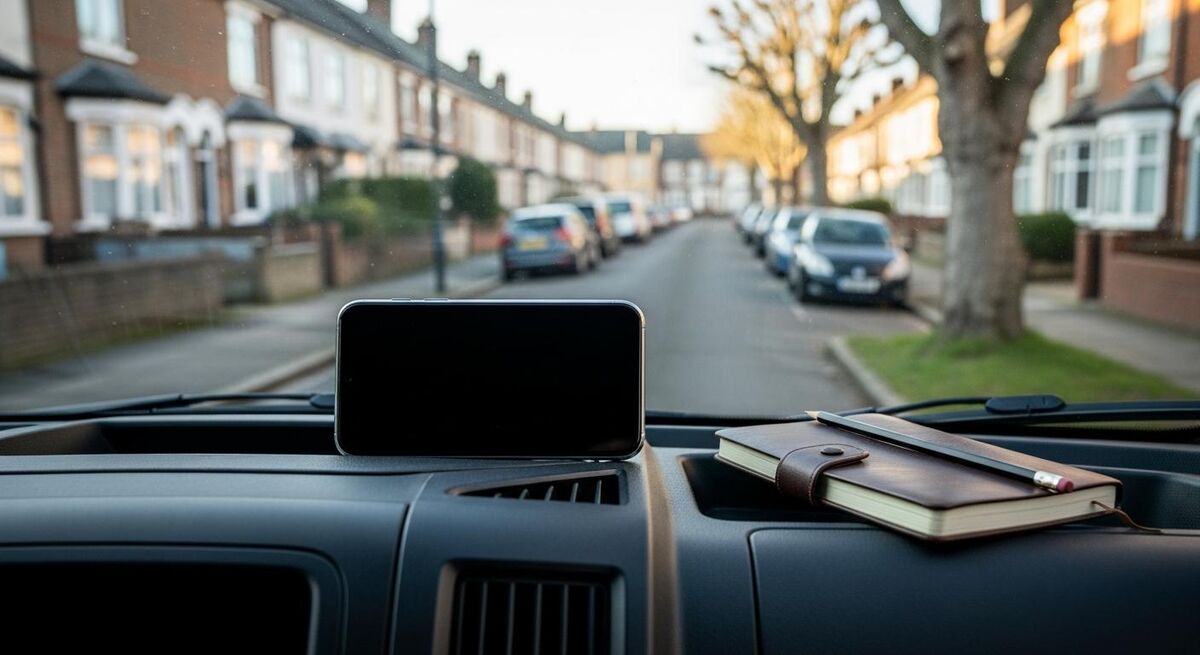 Phone propped on a van dashboard with abstract quote layout, sat nav and voice memo icons visible