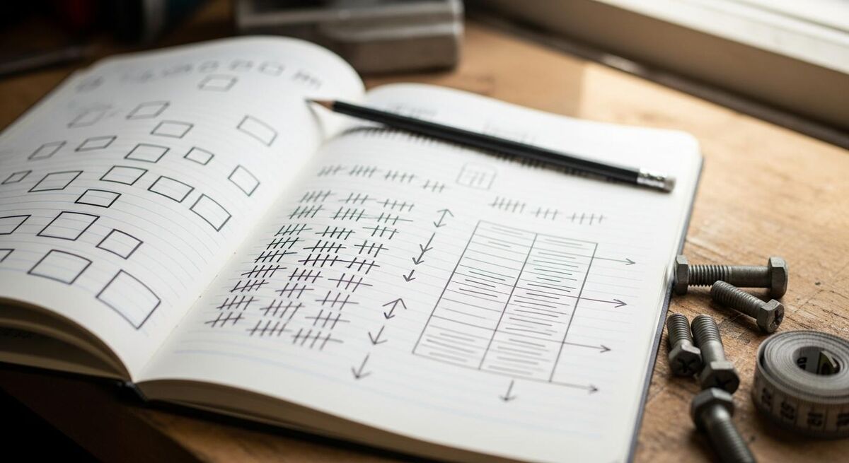 Notebook on a workshop bench with abstract tally marks and time slot blocks scribbled on it