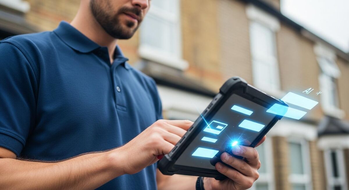 Hand holding a tablet showing an AI assistant suggesting field values on a digital job sheet