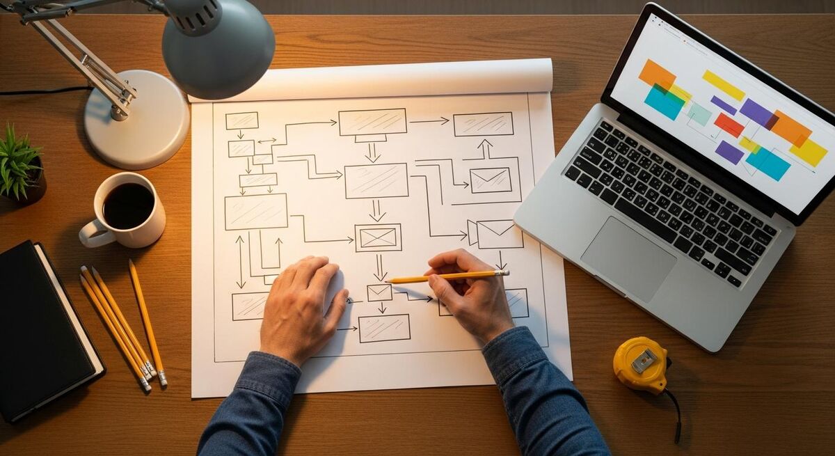 Tradesperson reviewing a printed workflow diagram next to a laptop showing BigChange field configuration