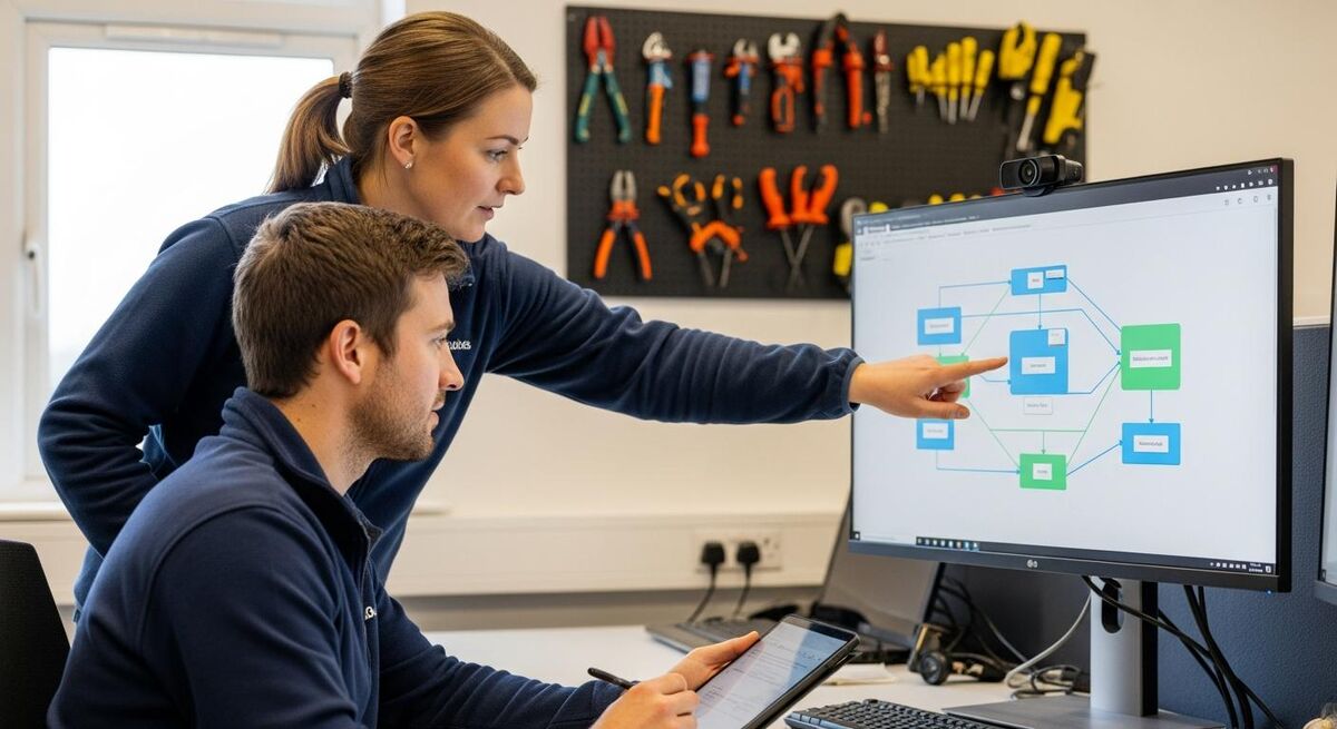 Office worker pointing at a workflow diagram on a screen showing quote acceptance triggering an automatic job creation