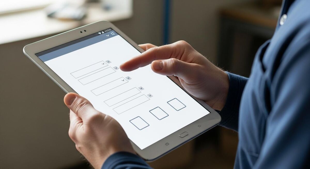 Close-up of a tablet showing a digital worksheet template being configured with custom fields