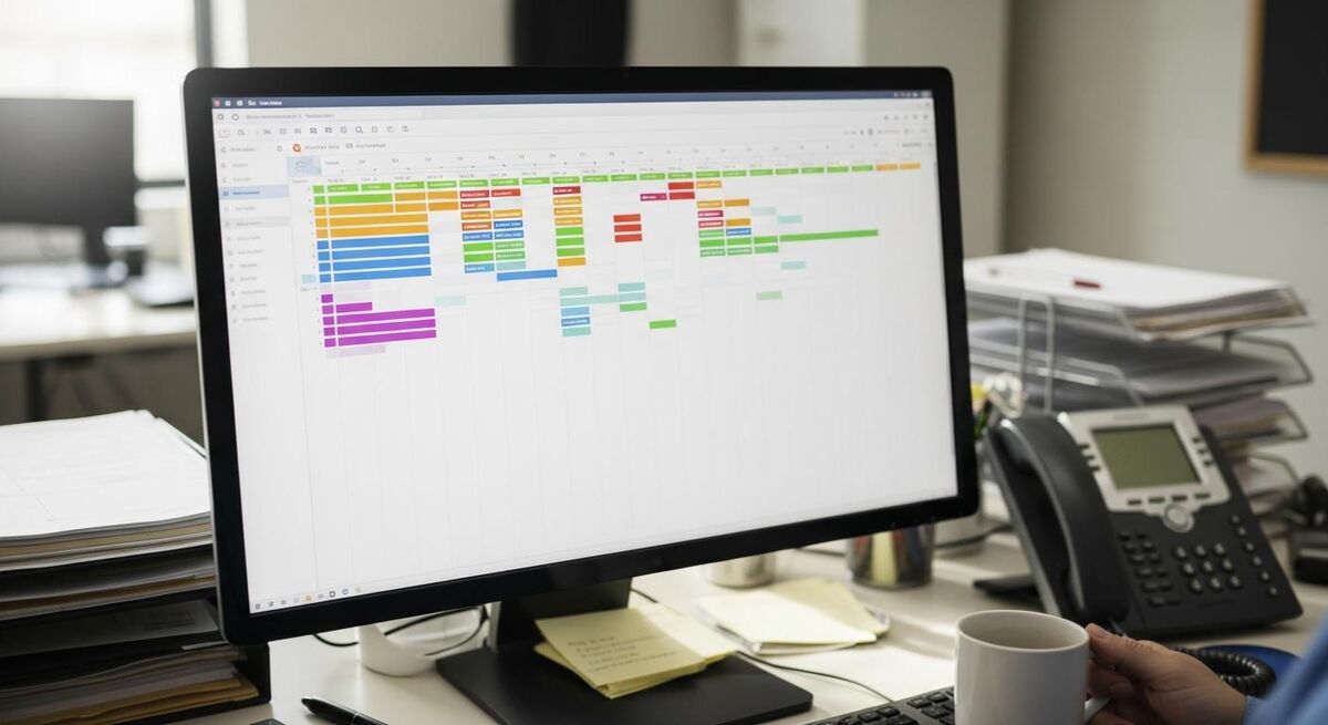 Field service dispatcher reviewing an AI-suggested schedule on a wide monitor in a small office