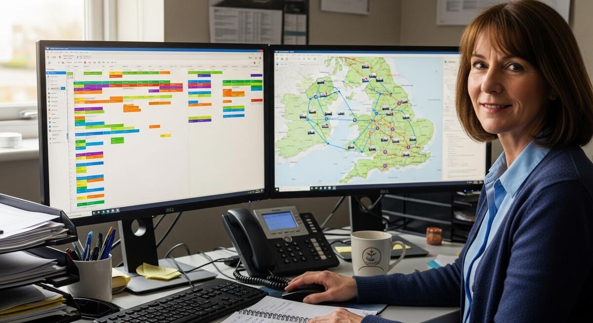 Dispatcher at a desk with two monitors showing a daily schedule and a live map of engineer locations