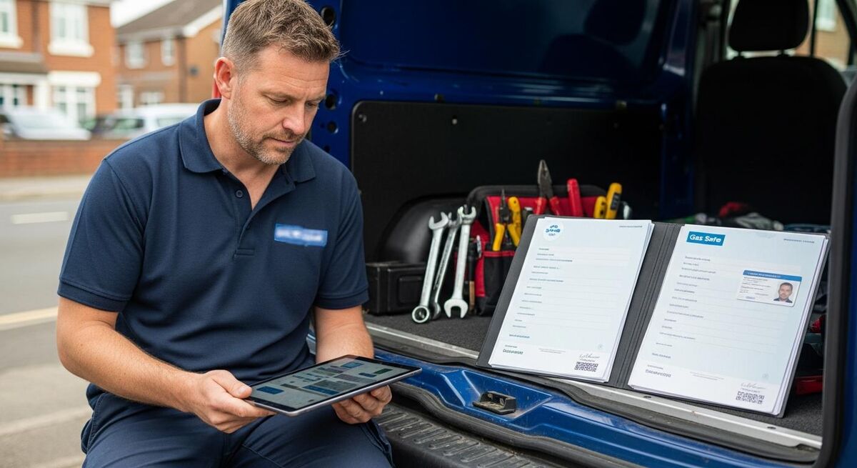 Heating engineer in a workshop reviewing job notes on a tablet next to tools and a folder of certificates