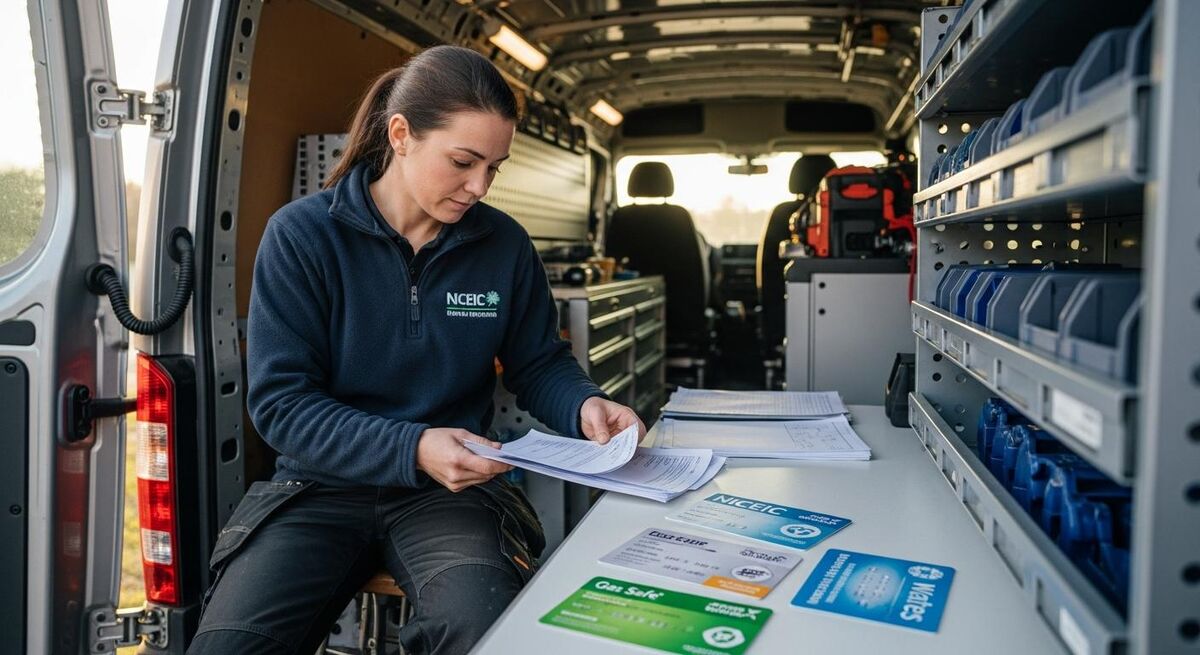 Plumbing engineer in a van organising paperwork and qualification cards