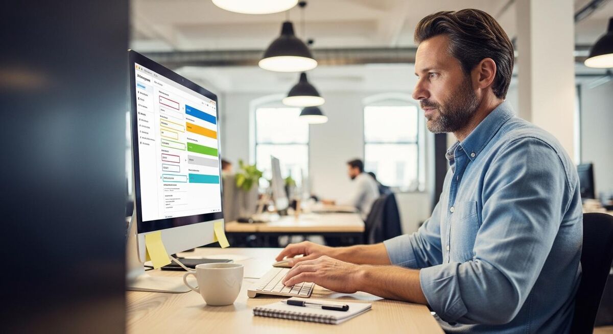 Office worker entering job types into a job management system on a desktop computer