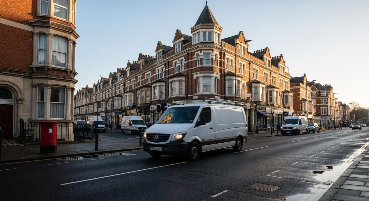 Field service van driving through a UK city street on a clear morning
