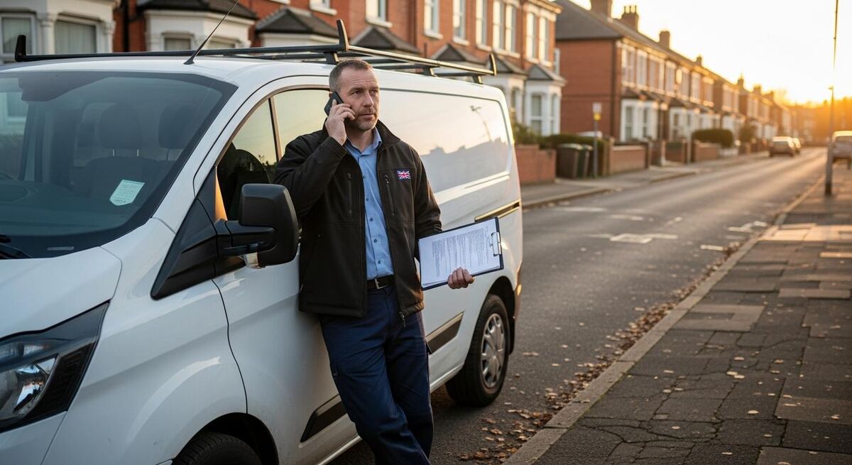 Engineer making a phone call from a service van parked outside a residential property