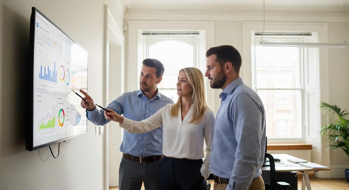 Heating company team reviewing weekly performance figures in an office