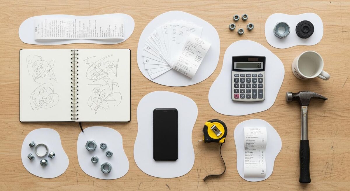 Trade accounting categories laid out on a workshop bench with paperwork