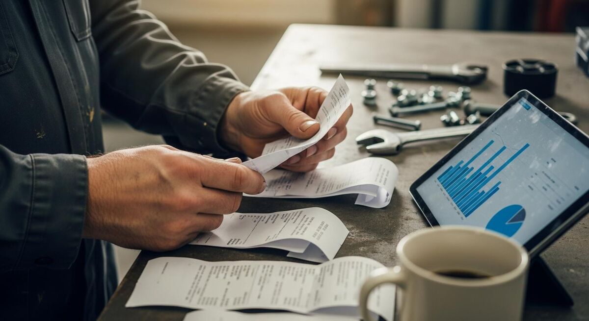 Tradesperson reviewing receipts and expenses on a tablet in a workshop