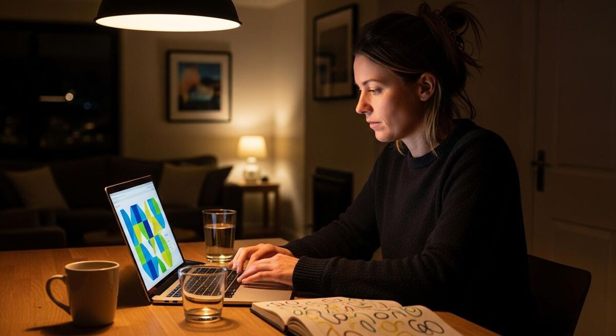 Tradesperson submitting a quarterly tax update on a laptop from a kitchen table