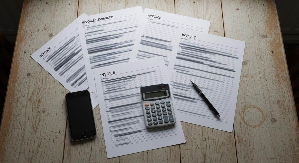 A tradesperson at a kitchen table reviewing unpaid invoices and a mobile phone