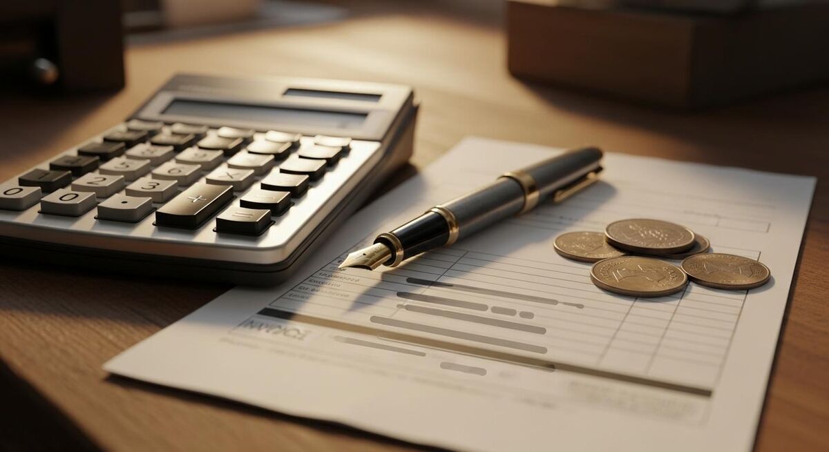 A calculator, a pen and a printed invoice on a workshop bench in warm light