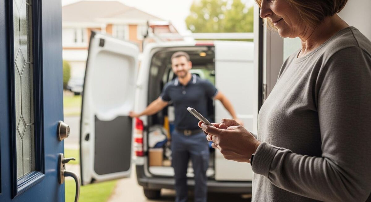 A homeowner checking an email on a phone at a front door while a tradesperson packs up a van behind