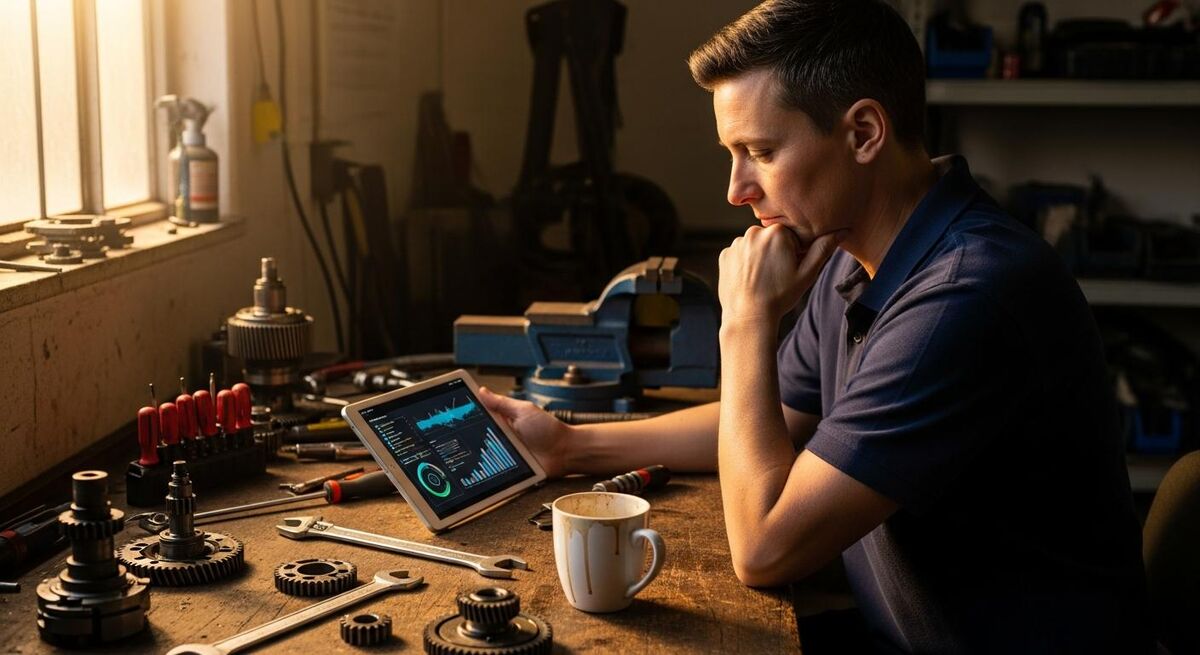 Engineer reviewing predictive maintenance alerts on a workshop tablet