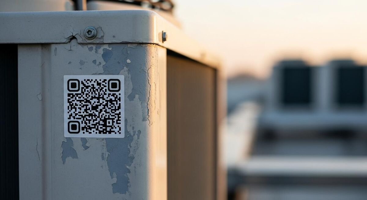 QR code asset tag stuck to the side of a commercial heating unit