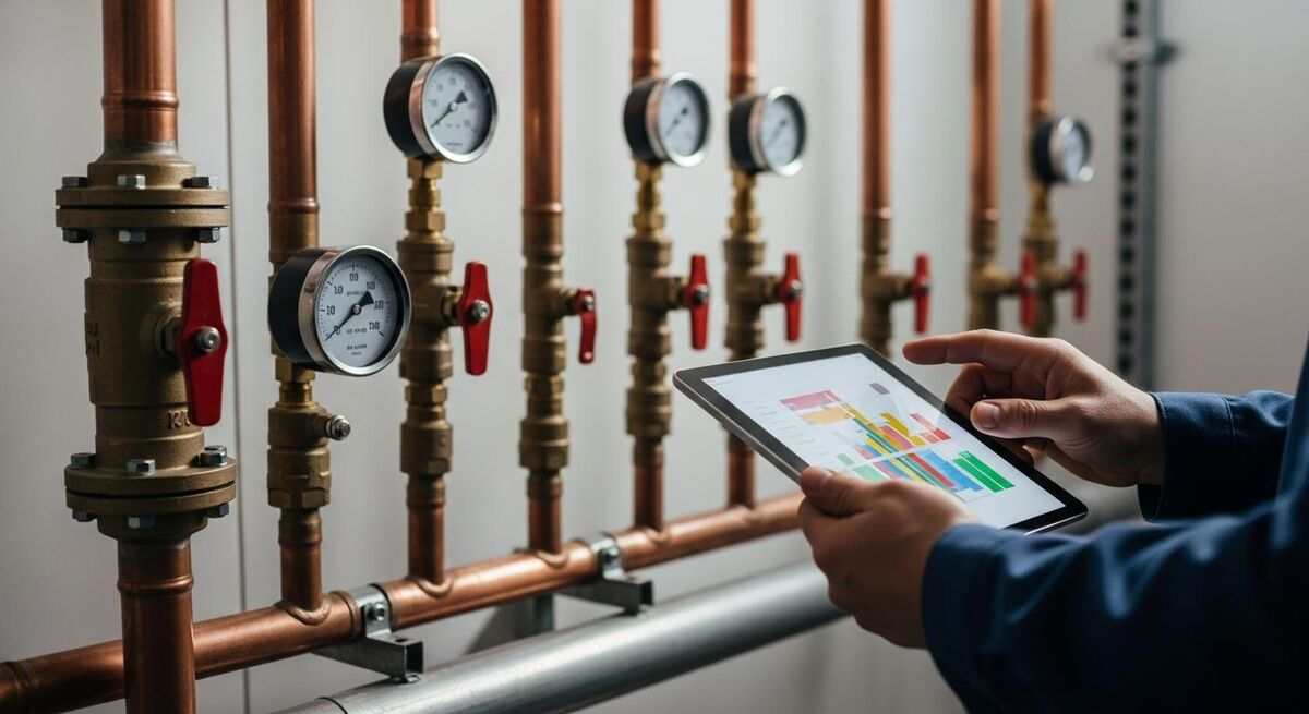 Heating engineer inspecting a commercial boiler with a tablet logging service notes