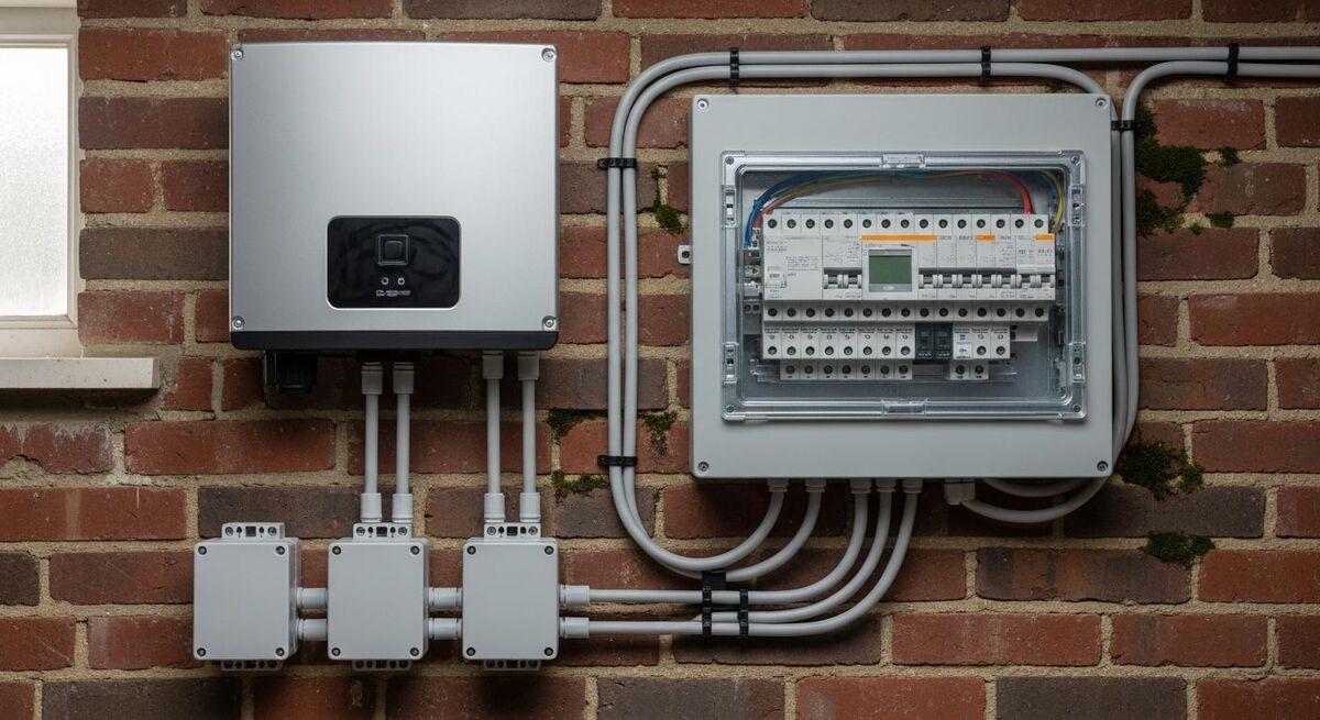 Electrical control panel with cabling for a solar PV grid connection installation