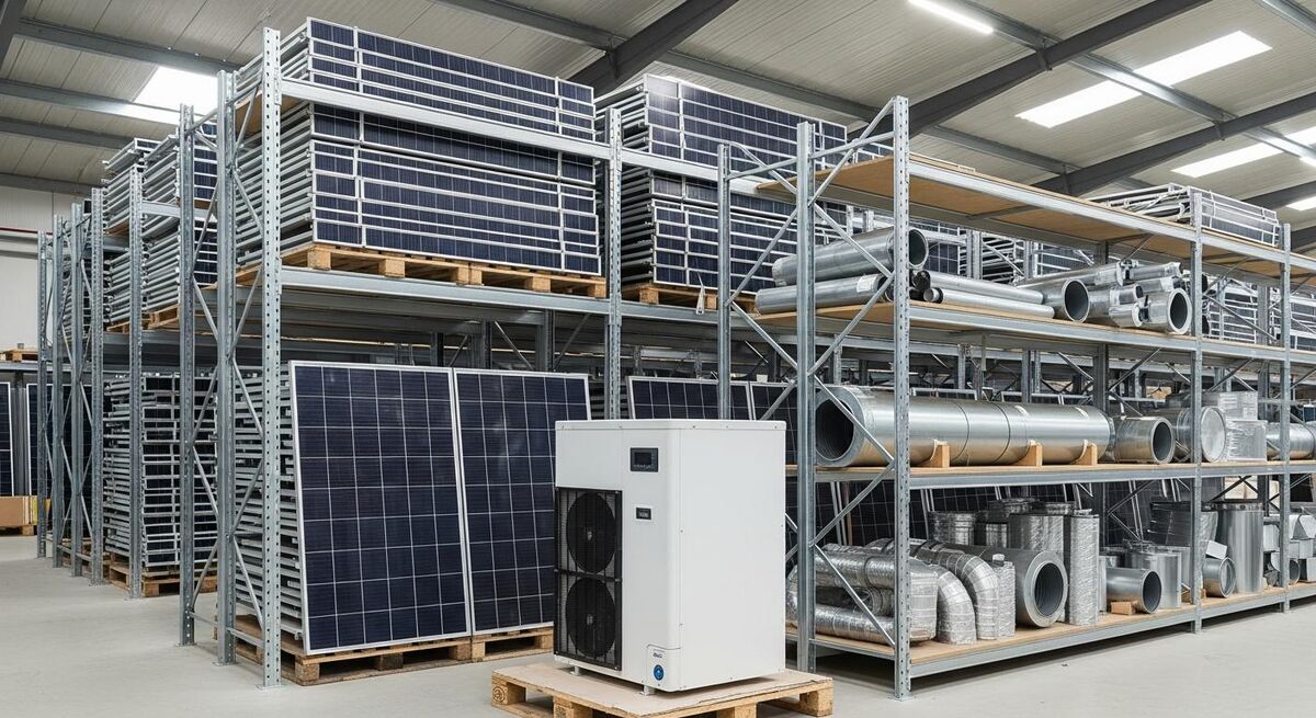 Solar panels and heat pump units arranged on warehouse shelves with stock labels