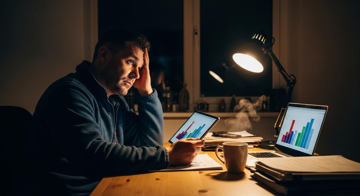 A solar installer reviewing paperwork on a tablet next to roof-mounted panels at sunset