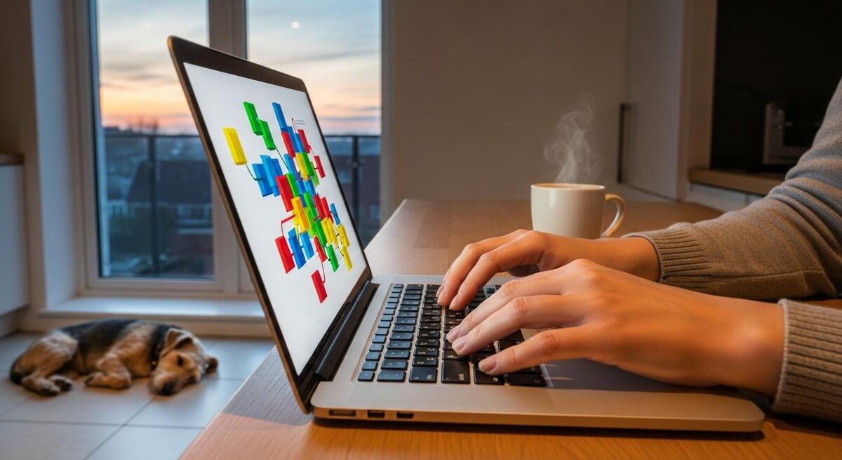 Trades business owner reconciling bank transactions on a laptop in a kitchen at the end of the working day