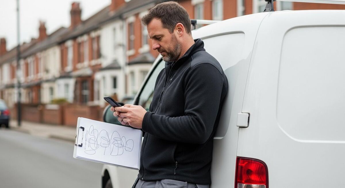 Site manager checking subcontractor UTR and verification details on a phone next to a parked van