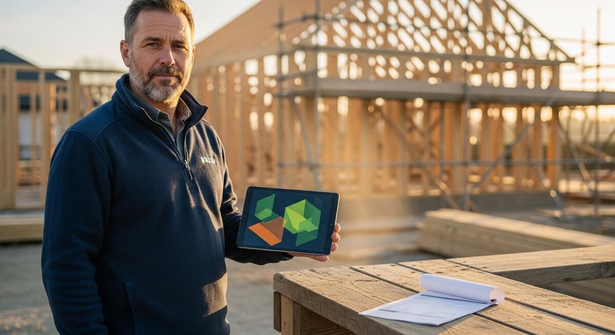 Construction project manager reviewing a VAT invoice with reverse charge notation on a tablet on a building site