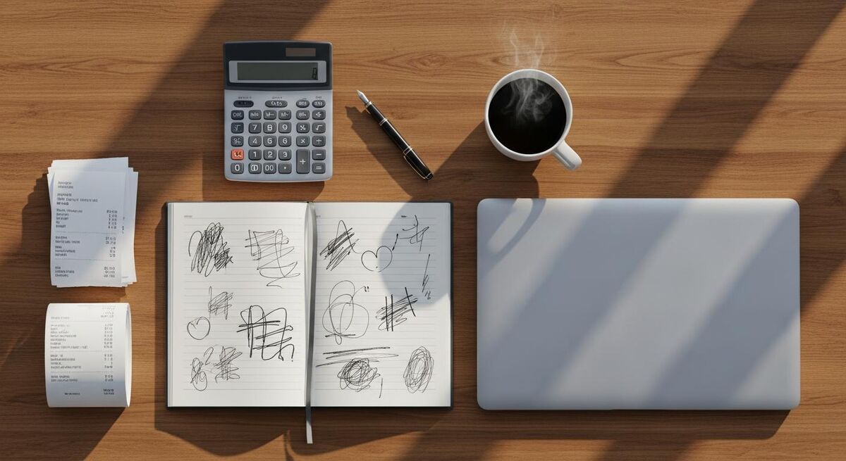 Laptop screen showing accounting dashboard tiles next to a notepad with handwritten figures