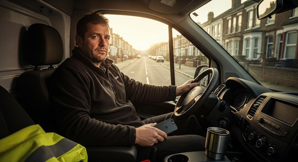 Heating engineer in a van checking a job on an iPhone before driving to next call