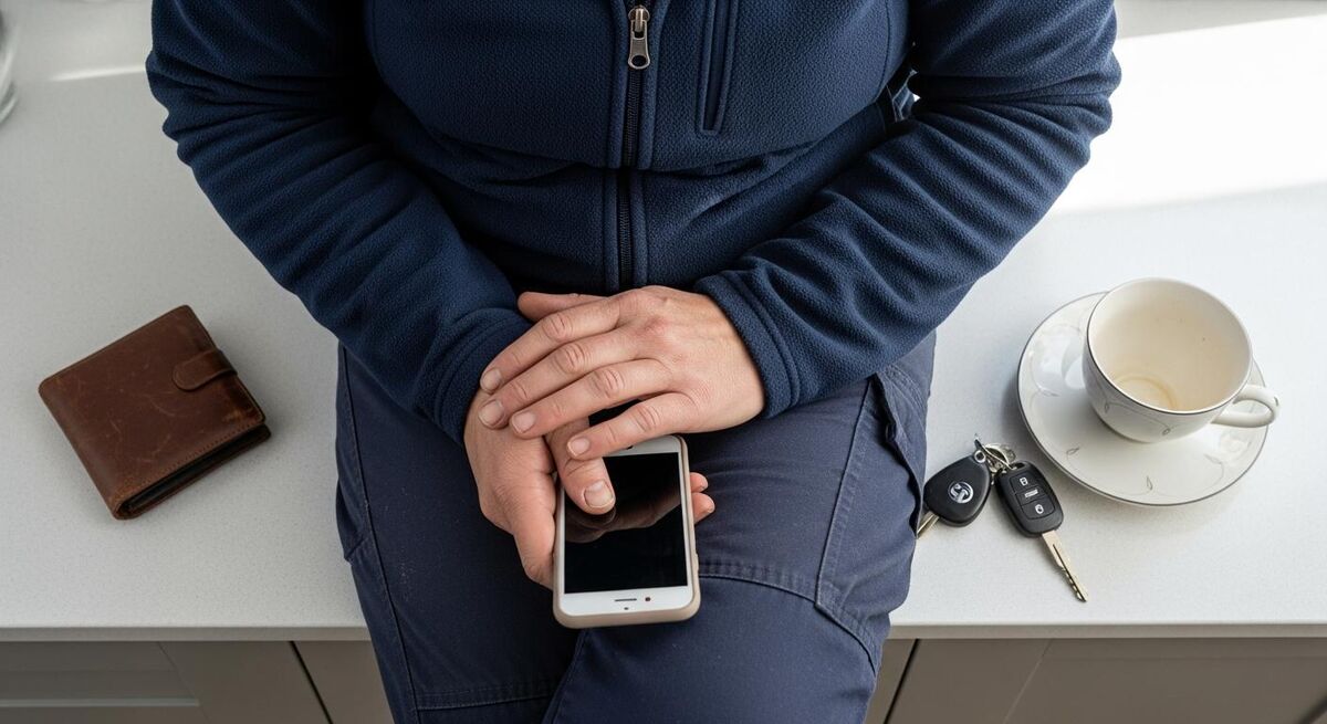 UK plumber checking a job on an iPhone in a customer's kitchen