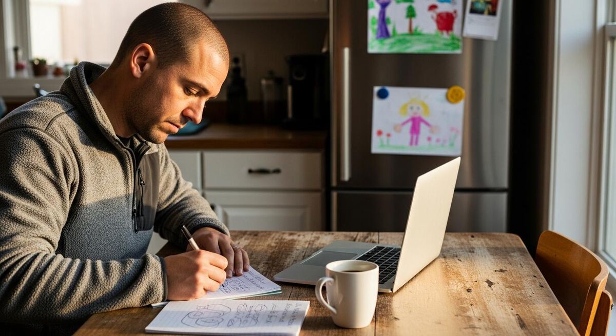 Tradesperson at a kitchen table setting up software on a laptop