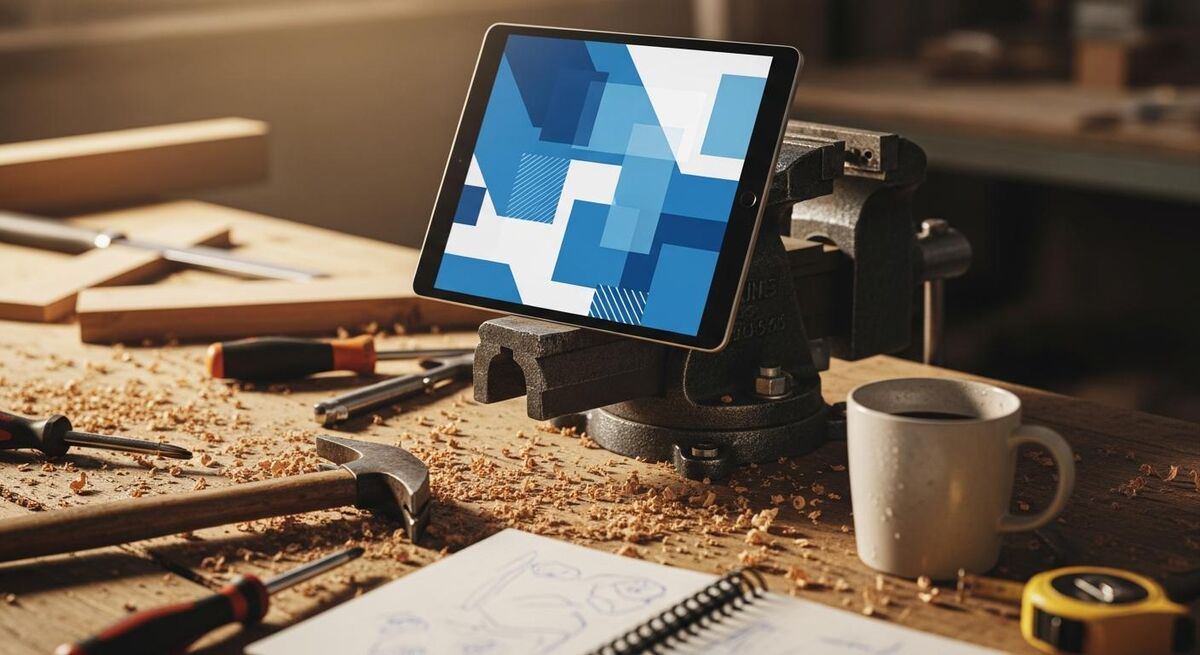 Branded PDF quote previewed on a tablet on a wooden workshop bench