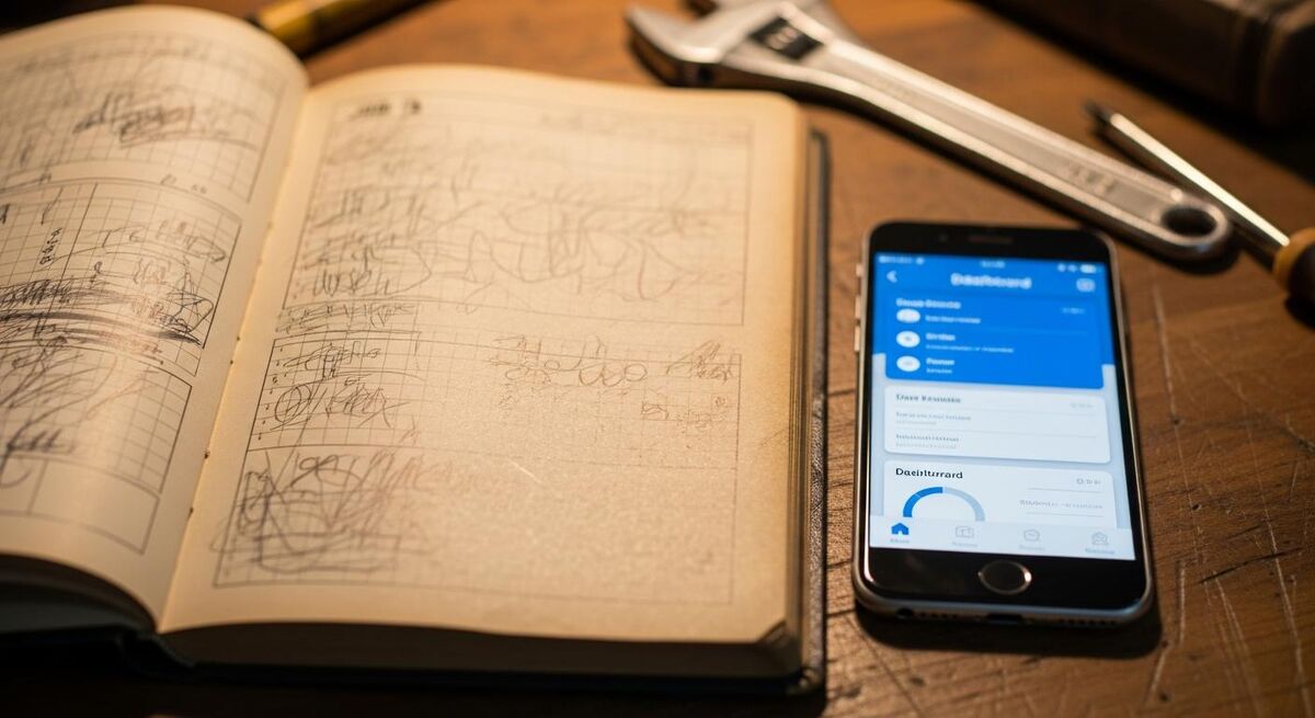 A tradesperson comparing a paper job book with a phone showing a job management app