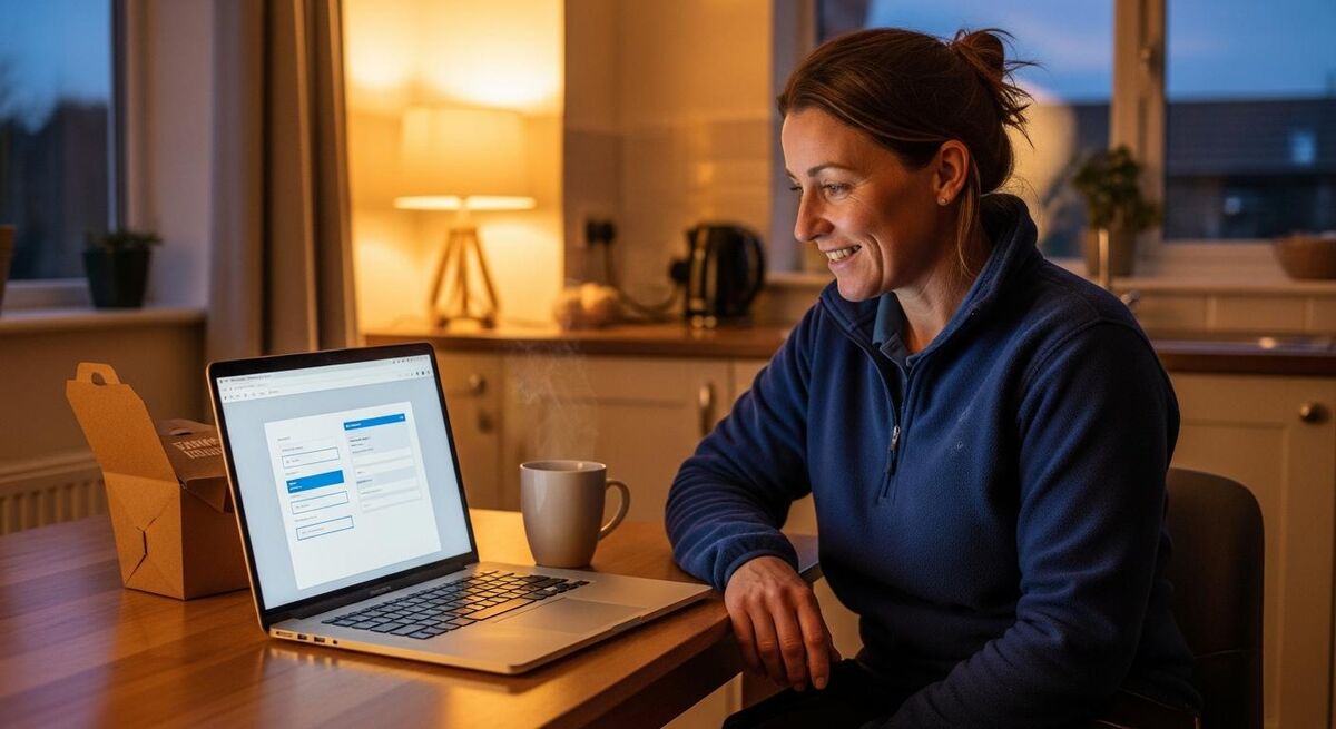 A tradesperson at a kitchen table on a Friday evening setting up Tradify on a laptop