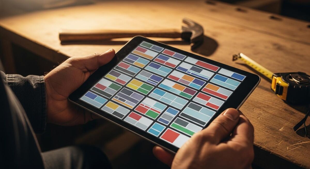A close-up of a tablet screen showing job item categories and price templates