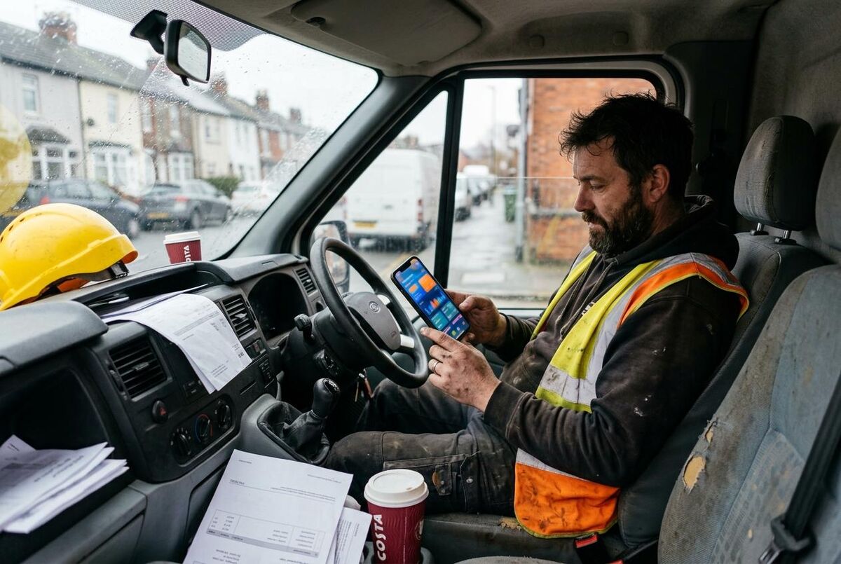 Tradesperson checking phone with banking notifications